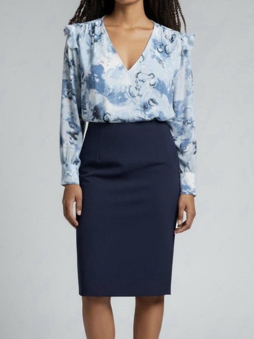 White House Black Market Blue Watercolor Print Blouse Size 10